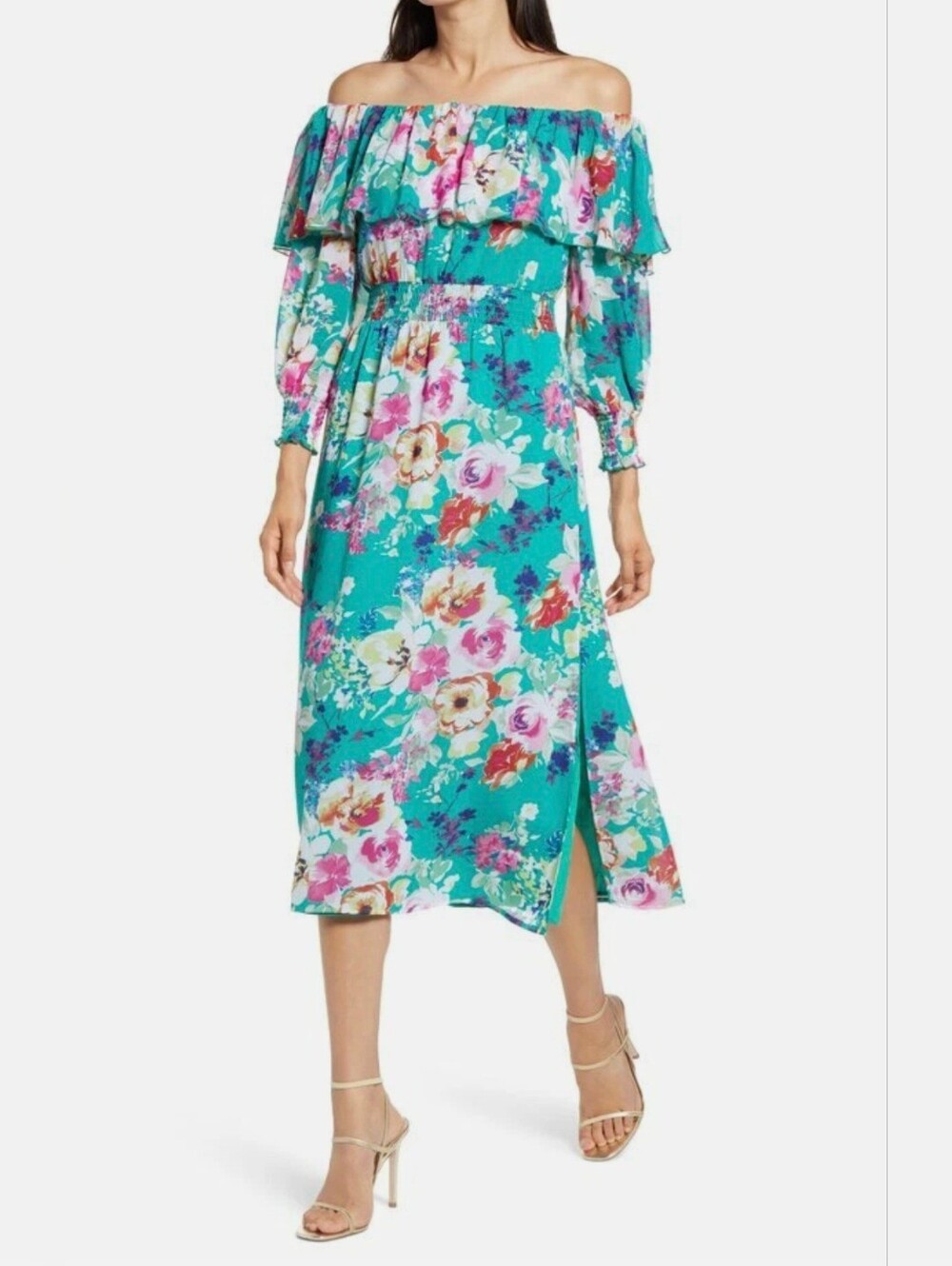 Charles Henry Floral Off-The-Shoulder Midi Dress in the vibrant "Atlantis Roses"